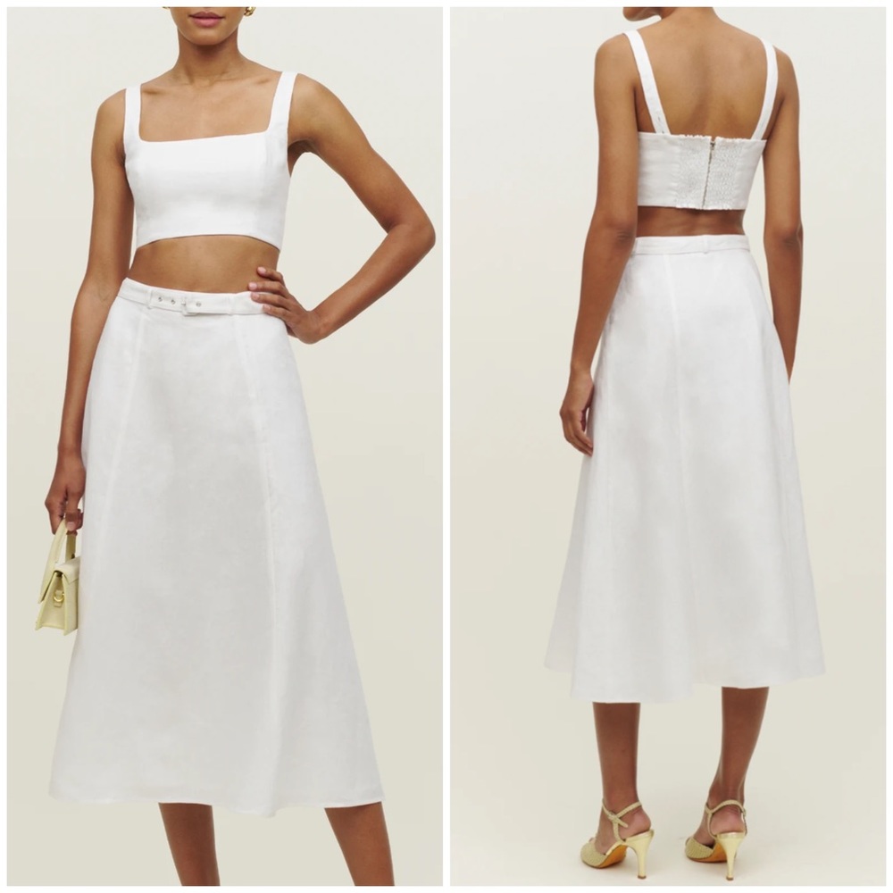 Reformation Cole Two Piece Set White Linen Midi Skirt & Top Size 6